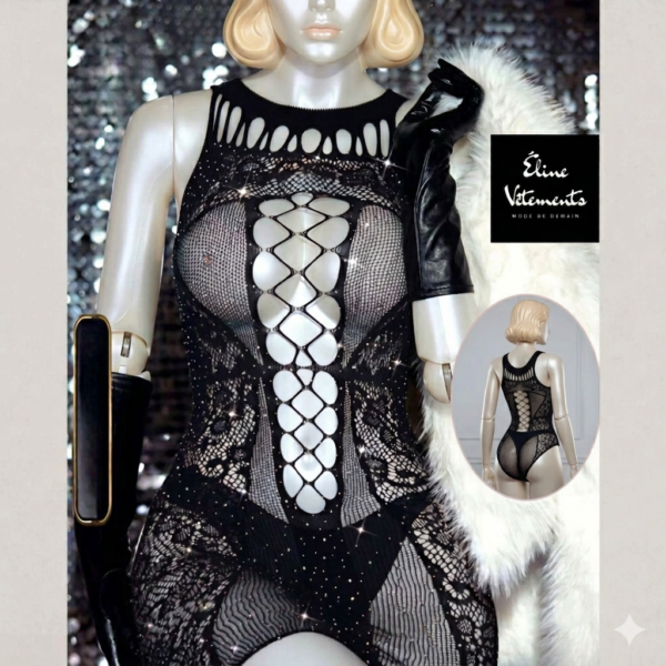 Robe Nuisette Résille et Strass avec Laçage - Éline Vêtements