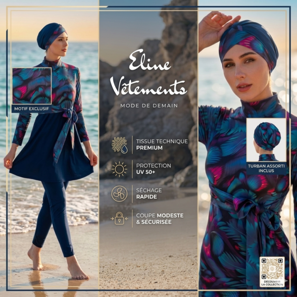 Burkini Bleu 4 Pièces + Paréo / بوركيني أزرق أربع قطع + باريوا