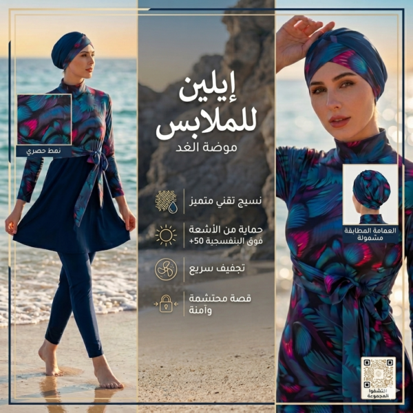 Burkini Bleu 4 Pièces + Paréo / بوركيني أزرق أربع قطع + باريوا