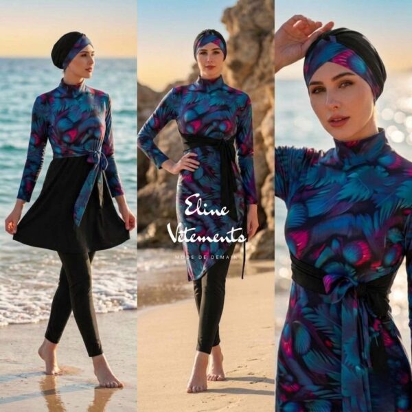 Burkini Noir 4 Pièces + Paréo / بوركيني أسود أربع قطع + باريوا
