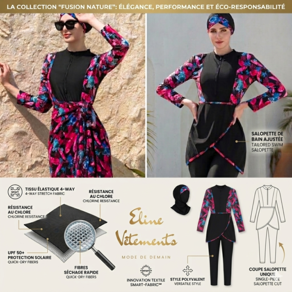 Burkini Noir Salopette & Paréo  /  بوركيني أسود سالوبيت مع باريو
